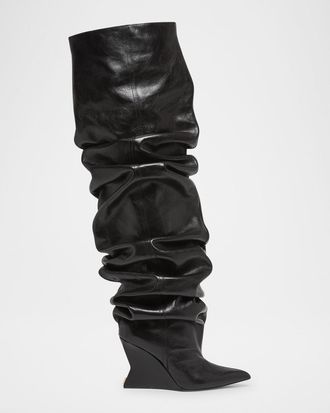 Balmain Leather Over-The-Knee Wedge Boots