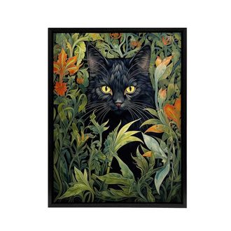 Artery8 Cat & Flowers Art Nouveau Framed Canvas Wall Art Print in Green | Size: W24 x H32