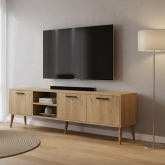 Dmora Mueble Para Tv Brugine, Un Estante, Apertura Abatible, 3 Puertas, 180x35x53h Cm Roble Marr&oacute;n