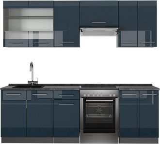 Vicco Cucina componibile Fame-Line, Blu scuro lucido/antracite, 240 cm senza piano di lavoro