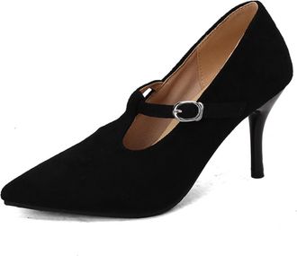 Generic Womens Sexy High Heeled Dress Shoes Pointed Toe Faux Suede Formal Shoes T-Strap Party Prom Pumps with Buckle,Black Suede,7.5 UK