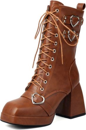 Generic Womens Lace Up Platform Mid-Calf Boots with Heart Buckles Square Toe Chunky Heel Booties,Brown,6.5 UK