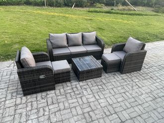 Fimous Garden Furniture Sets Wicker Rattan Furniture Patio Sofa Sets with Reclining Chair 3 Seater Sofa 2 Small Footstools in Dark Grey