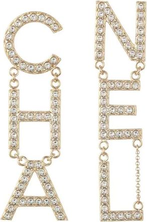 Chanel Gold-Tone Crystal Embellished Logo Earrings