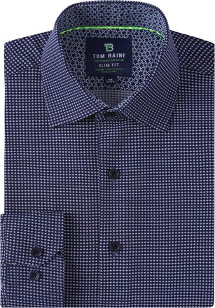 Tom Baine Men Slim Fit Performance Long Sleeve Geometric Casual Button Down Shirt, Navy Geo, Medium
