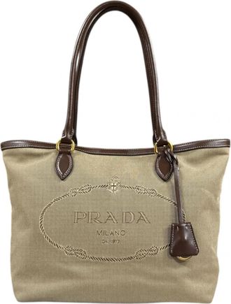 Prada Beige Canvas Leather Tote Bag (Pre-Owned)