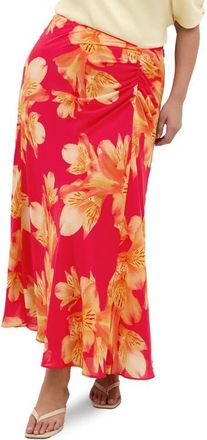 City Chic Soiree Print Ruched Maxi Skirt in Fuchsia Lily at Nordstrom, Size Xxxs