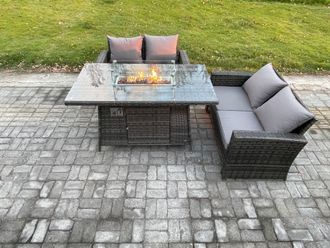 Fimous 3 Pieces Garden Furniture Sets Poly Rattan Outdoor Patio Gas Firepit Dining Table Sofa Set for Garden Backyard Dark Grey Mixed
