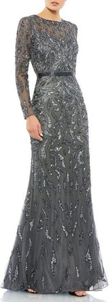 Mac Duggal Abstract Beaded Long Sleeve Evening Gown in Charcoal at Nordstrom, Size 24