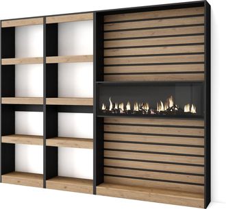 Skraut Home Librer&iacute;a Estanter&iacute;a, Estanteria Libros De Pared, 230x186x25cm, Sal&oacute;n - Comedor - Oficina, Chimenea El&eacute;ctrica, Estilo Moderno, Roble Y Negro - Skraut H