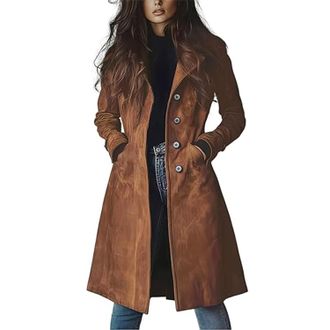 Generic Womens Faux Suede Long Trench Coat Single Breasted Overcoat with Pocket - Perfect for Casual Daily/Office/Weekend Outings (Dark Brown,S)