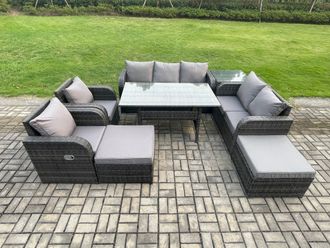 Fimous 9 Seater Garden Rattan Furniture Dining Table Sofa Set Indoor Outdoor with 2 Reclining Chairs Side Tables 2 Big Footstool Dark Grey Mixed