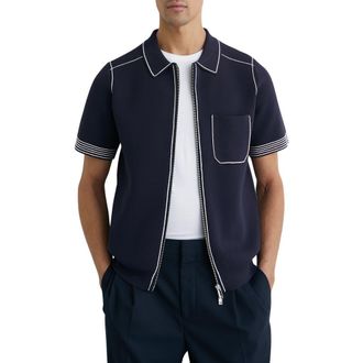Reiss Blake Piped Zip Shirt in Navy at Nordstrom, Size Xx-Large