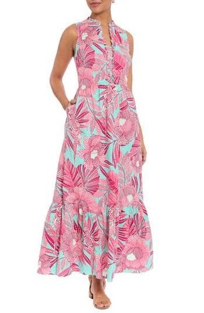 London Times Ruffle Sleeveless Stretch Cotton Maxi Dress in Teal/Pink at Nordstrom Rack, Size 6