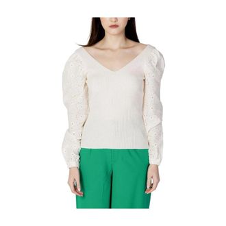 Only V-neck Knitwear, female, Beige, Size: M Ribbed Knitted Top Eyelet Detail