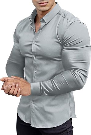 Generic Camisas para Hombres Manga Larga Mens Muscle Fit Dress Shirts Work Collared Slim Fit Stretch Wrinkle Shirt Long Sleeve Casual Button Down Shirts Grey