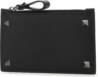 Valentino Garavani Mens Black Leather Rockstud Card Holder 0no Portafogli Wallet
