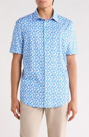 Bugatchi OoohCotton Palm Tree Print Short Sleeve Button-Up Shirt in Classic Blue at Nordstrom Rack, Size Xx-Large