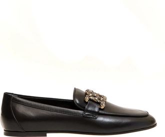 Tod's Zwarte leren loafer met strass gesp - Dames - Loafers - Zwart - 37 1/2 EU - Schoenen