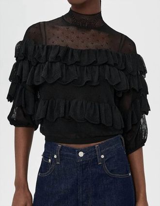 Ulla Johnson Corinna Mock Neck Tiered Ruffle Top In Noir