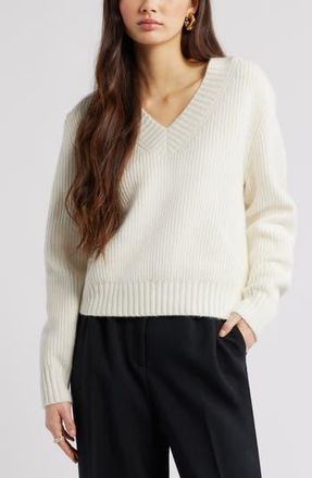 Open Edit Rib V-Neck Sweater in Ivory at Nordstrom Rack, Size Xx-Small