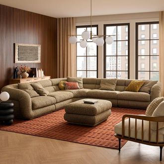 Castlery Textured Boucle L-Shaped Sectional Sofa with Ottoman, Feather Filled Seats - Green | Solari by Castlery