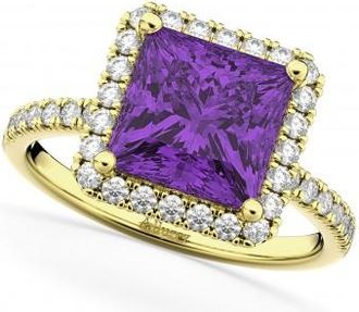 Allurez Princess Cut Halo Amethyst & Diamond Engagement Ring 14K Yellow Gold 3.47ct