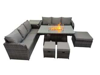 Fimous Garden Rattan 3 Seater Sofa with 3 Stools Side Table in Dark Grey
