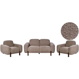 Beliani 4 Seater Living Room Set Taupe Boucle Upholstery 2 Seater Sofa and 2 Armchairs Soft Modern Organic Low Curvilinear ODNES