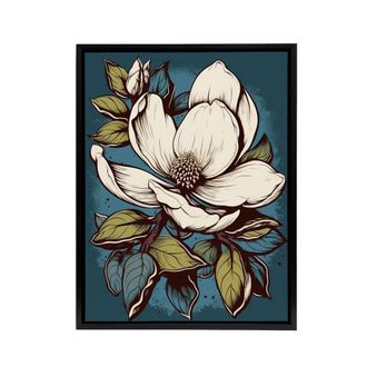 Artery8 Magnolia Flower Old School USA Tattoo Design Framed Canvas Wall Art Print in Blue | Size: W24 x H32