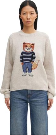 Maison Kitsun&eacute; Dressed Fox Intarsia Trui - Dames - Ronde hals truien - Beige - XS - Wol - Truien & Vesten
