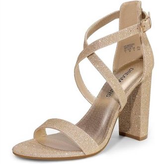 Dream Pairs Womens Block Heel Open Toe Ankle Strap Shoes In Gold Glitter
