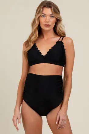 Pinkblush Scalloped V-Neck High Waist Two-Piece Swimsuit in Black at Nordstrom, Size Small