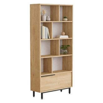 Dmora Librer&iacute;a Seneghe, Biblioteca 8 Estantes, Una Puerta, Instalaci&oacute;n Libre, 84x30x176h Cm Roble Marr&oacute;n