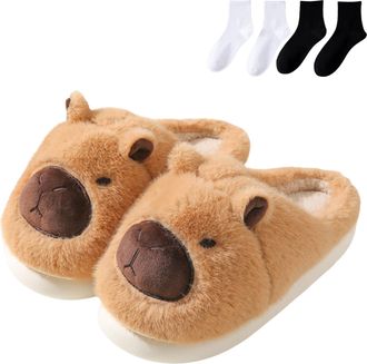Generic Capybara Slippers, Cute Plush Cartoon Slippers, Fuzzy Plush Slides, Winter Warm with Non-slip Thick Sole (Brown-A, One Size, Adult, Women, 6.5, Numeri