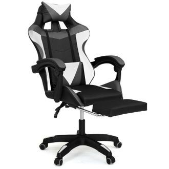 IDMarket Silla De Juego Alex Regulable Con Reposapi&eacute;s, Reposacabezas Y Cojines Lumbares En Negro, Blanco Y Gris
