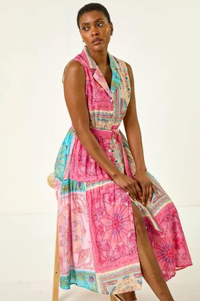 Roman Patchwork Belted Shirt Dress