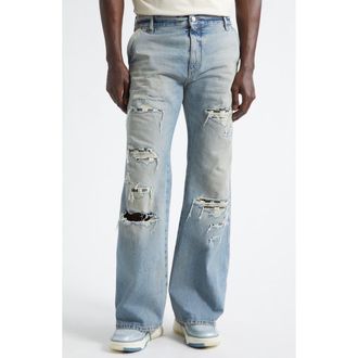 Amiri Checkered Rip & Repair Bootcut Jeans in Aged Indigo at Nordstrom, Size 34