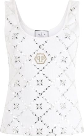 Philipp Plein Tank Top Rhomb Flower Strass - Dames - Tops zonder mouwen - Wit - M - Katoen - Tops