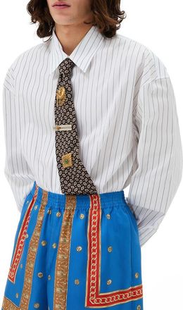 Versace Loose Fit Stripe Cotton Poplin Button-Up Shirt in Off White Black at Nordstrom, Size 40 Us