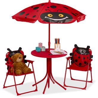 Relaxdays Relaxdays - Tavolo Bambini con Ombrellone, Set 2 Sedie, da Campeggio e Giardino, Tavolino Picnic, Design Coccinella, Rosso