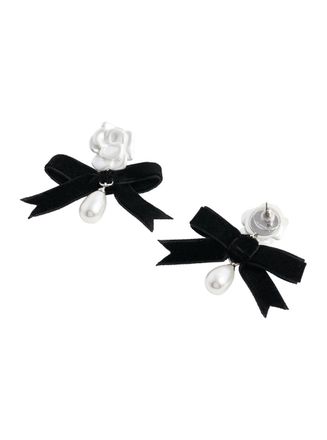 Self Portrait Womens Pearl Black Bow Earrings White Brass