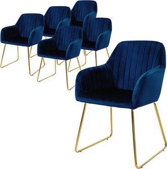 ML Design Ml-design 6x Sillas De Comedor Color Azul Ergon&oacute;micas Asiento Tapizado Aspecto De Terciopelo Con Respaldo Y Reposabrazos Patas De Metal Sill&oacute;n Moderno