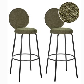 Beliani Conjunto De 2 Sillas De Bar De Boucl&eacute; Patas De Acero Negro Respaldo Redondo Patas De Tapas Comedor Verde Emery