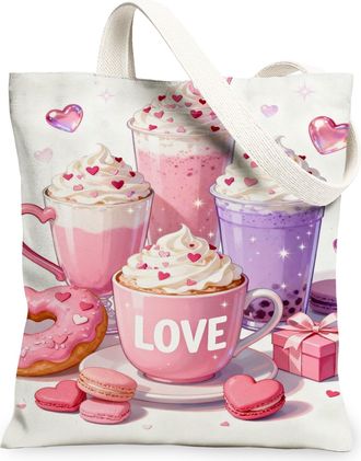 Generic Cute Vintage Peach Dessert Canvas Tote Bags, Sweet Treats Pattern Reusable Bags, ValentineS Day Lightweight Washable Shoul, Peach, 13x15 Inch