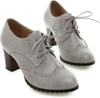 Generic Womens Round Toe Brogue Ankle Boots, Front Lace-Up Design and Chunky Heel for Retro Style,Grey,7.5 UK