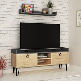 Decortie Decortie Keday Modern TV Stand Multimedia Centre TV Unit With Wall Shelf Unit 140cm - Oak / Anthracite Grey