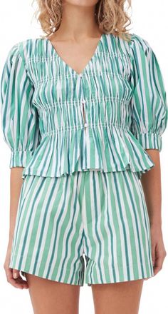 Ganni Stripe Cotton V-Neck Blouse In Creme De Menthe