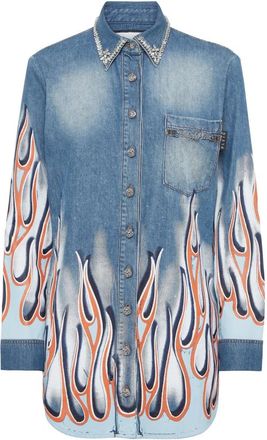 Philipp Plein Denim Shirt LS Flame Racing - Dames - Spijkeroverhemden - Blauw - S - Denim - Overhemden