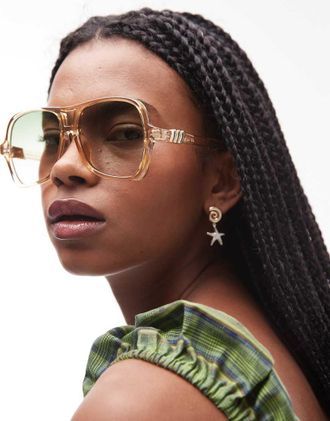 Le Specs Fortune Teller - Occhiali da sole aviatore oversize color sabbia con lenti sfumate verdi-Marrone